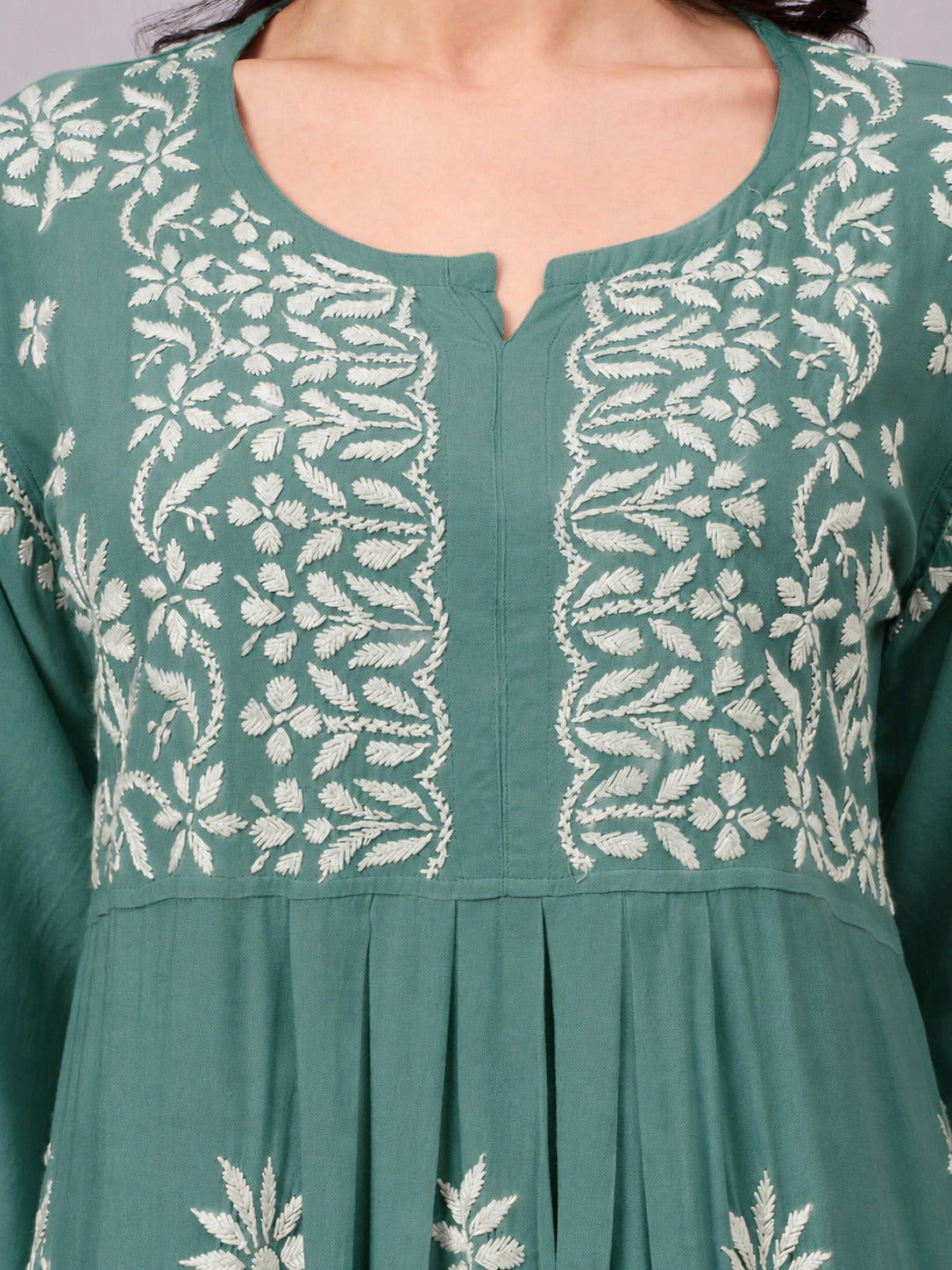 Premium Chikankari Set crafted from soft rayon fabric with intricate handcrafted embroidery, an elegant A-line silhouette, and coordinated palazzo for everyday ethnic fashion.