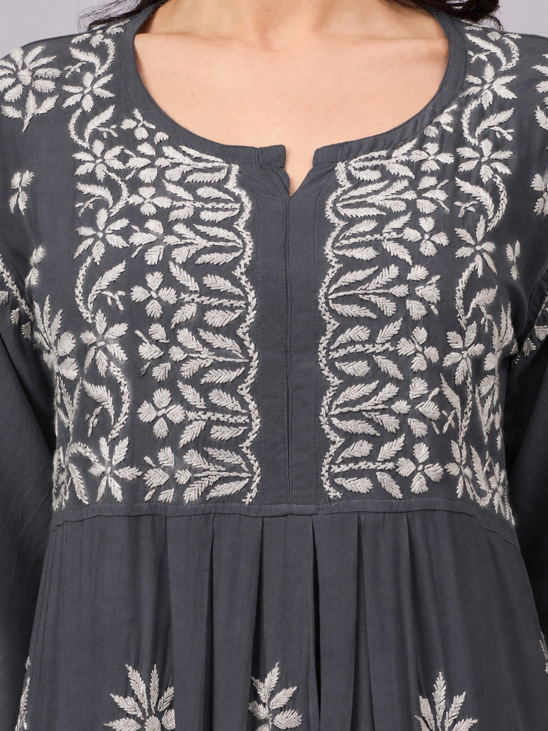 Elegant Rayon A-Line Kurta Set featuring handcrafted floral Chikankari embroidery, premium rayon fabric, and a comfortable regular fit suitable for every occasion.