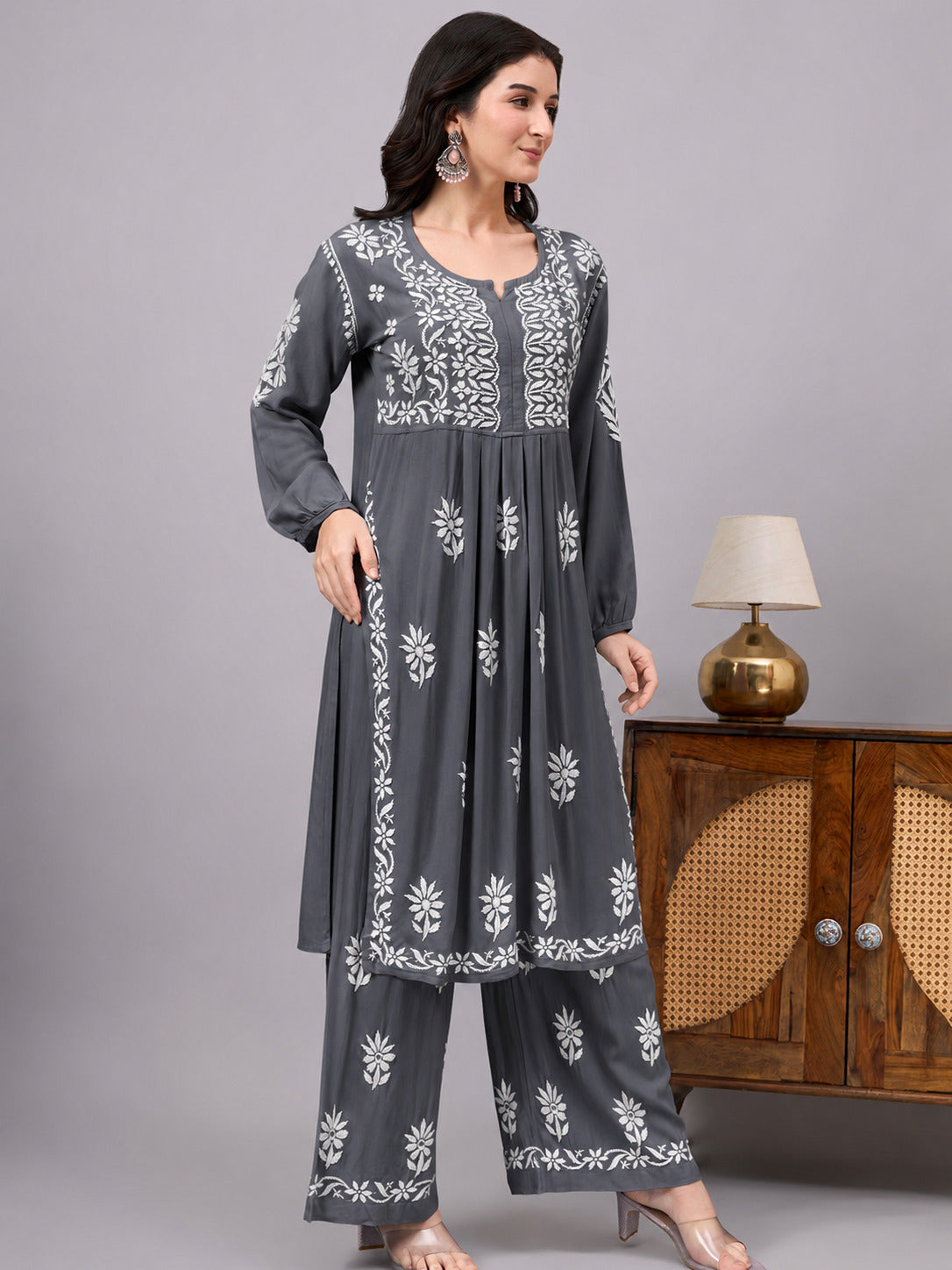 Premium ethnic Chikankari Set showcasing traditional Lucknow embroidery, breathable rayon fabric, coordinated embroidered palazzo, and graceful everyday styling.