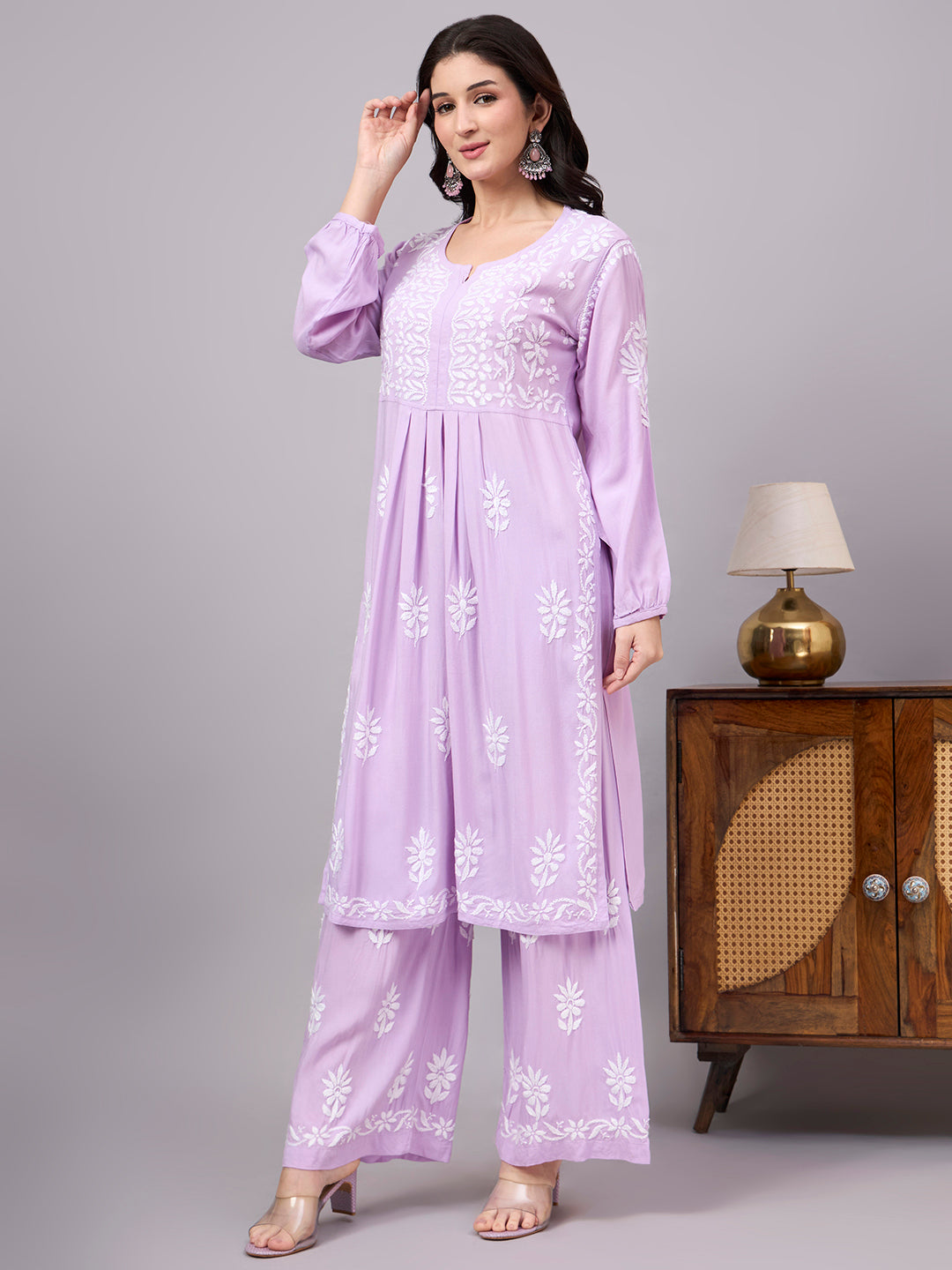 Premium ethnic Chikankari Set showcasing traditional Lucknow embroidery, breathable rayon fabric, coordinated embroidered palazzo, and graceful everyday styling.