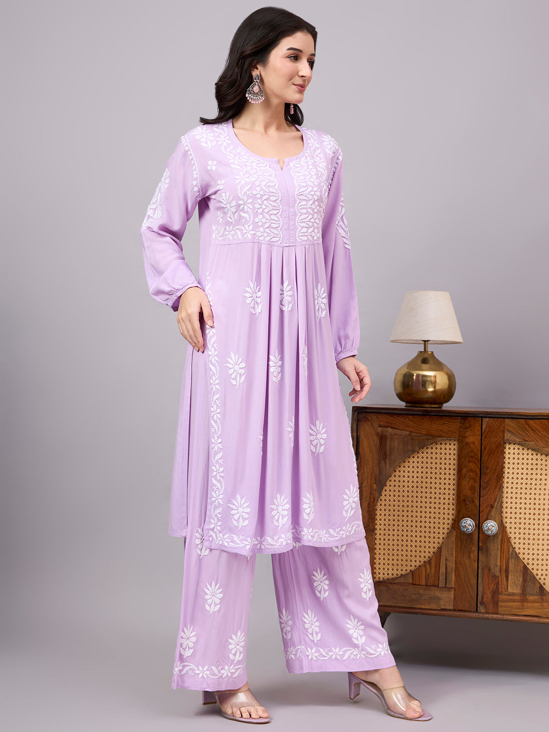Women's Rayon A-Line Kurta Set with handcrafted artisan embroidery, classic ethnic detailing, and a matching palazzo designed for work, travel, and festive celebrations.