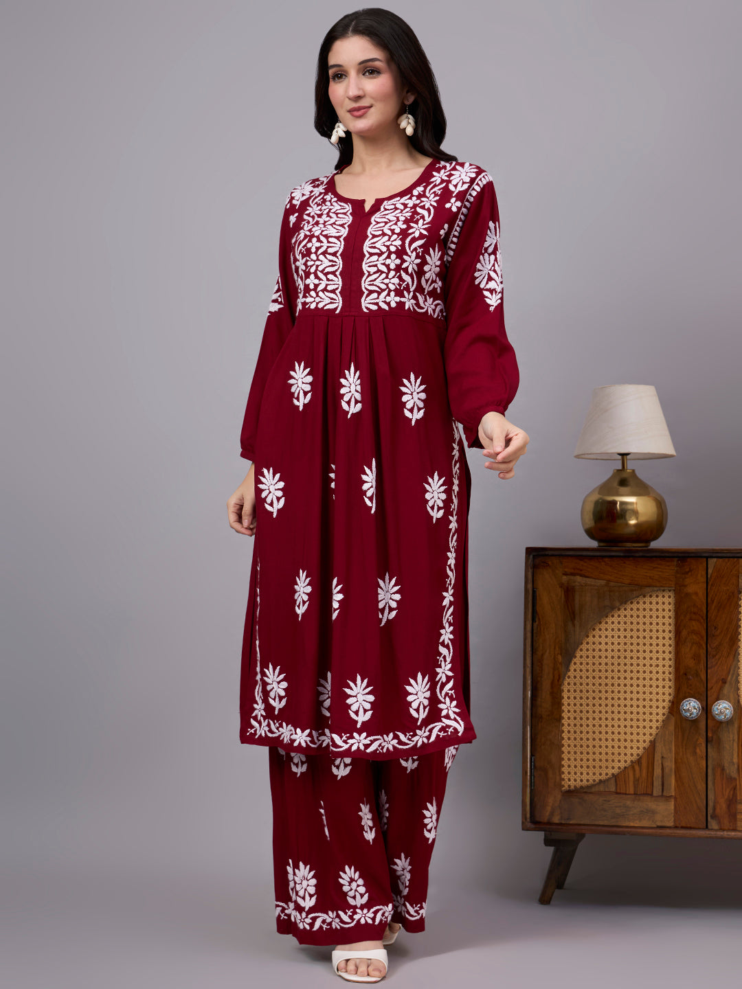 Women's Rayon A-Line Kurta Set featuring authentic handcrafted Chikankari embroidery with a matching palazzo, designed for comfortable regular wear and timeless ethnic elegance.