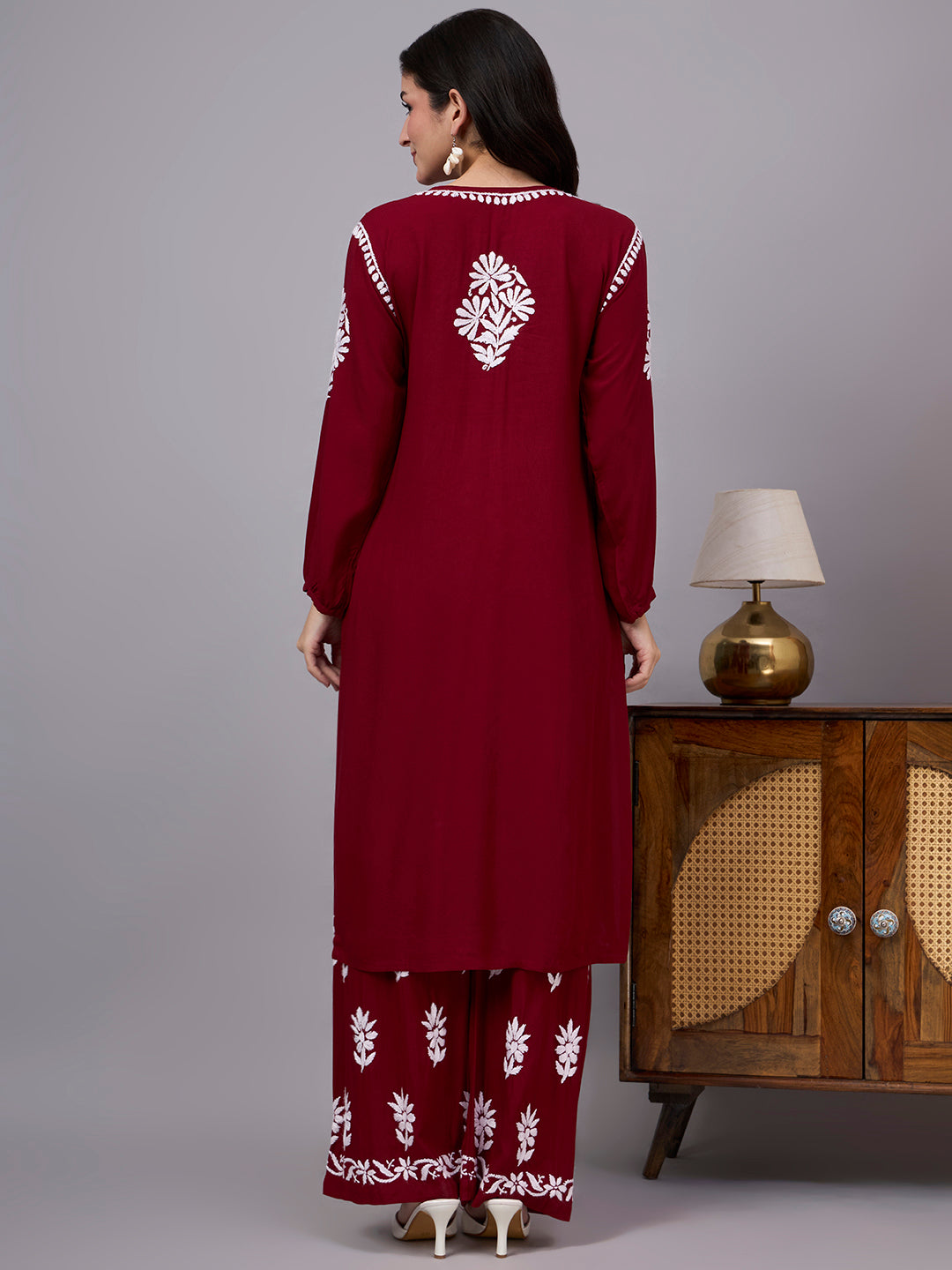 Handcrafted Rayon A-Line Kurta Set for women featuring authentic Lucknow Chikankari embroidery, breathable rayon fabric, and a comfortable regular fit for all-day wear.