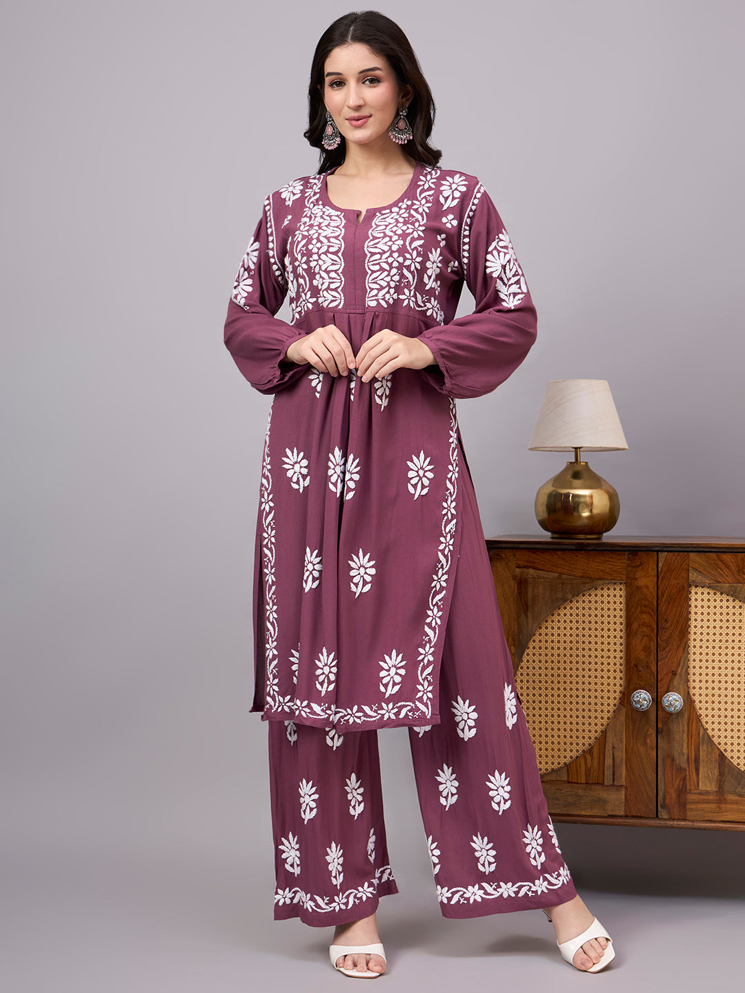 Women's Rayon A-Line Kurta Set featuring authentic handcrafted Chikankari embroidery with a matching palazzo, designed for comfortable regular wear and timeless ethnic elegance.