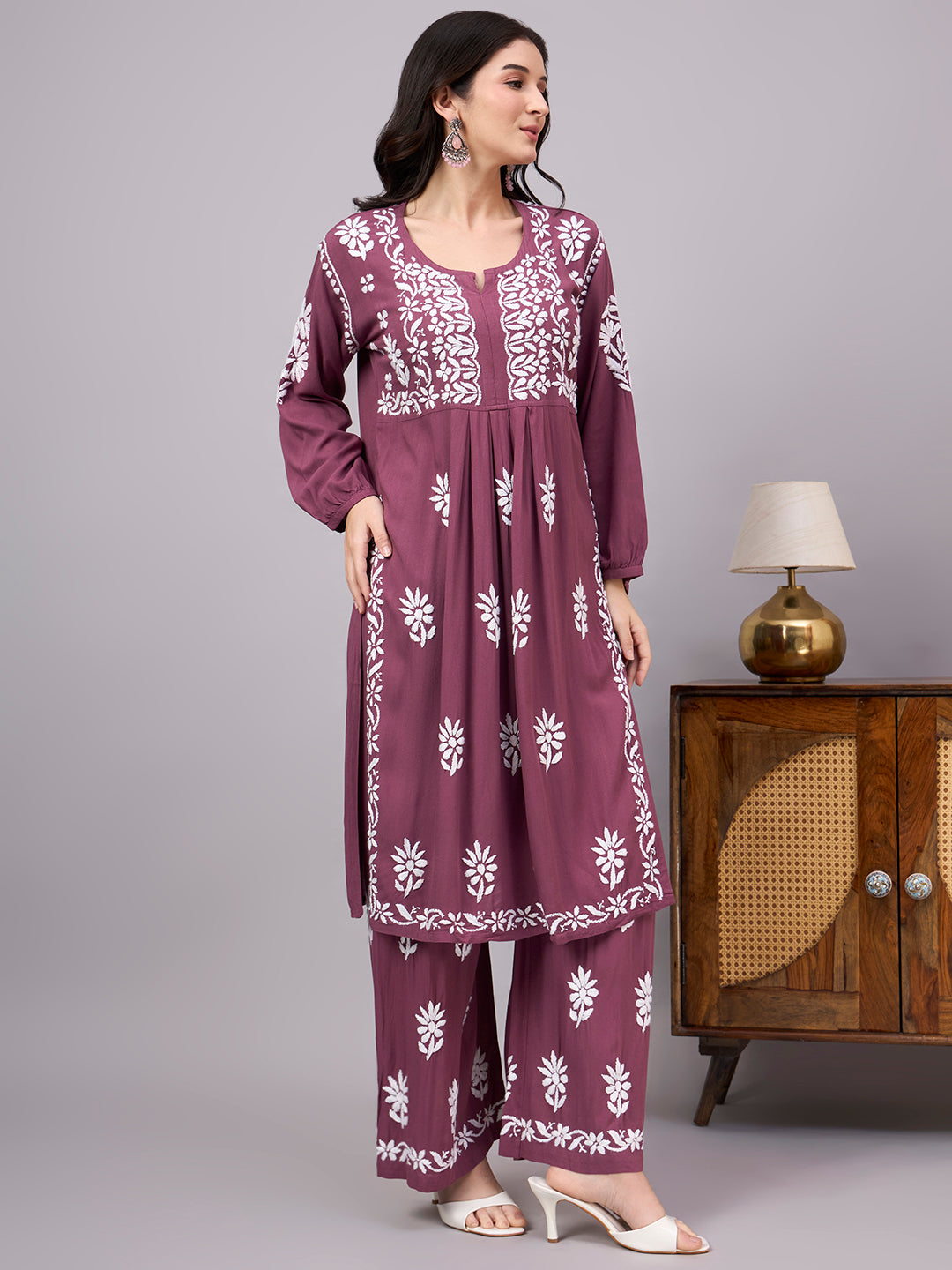 Women's Chikankari Set with artisan-crafted floral embroidery, matching embroidered palazzo, and premium rayon fabric for office wear, casual outings, and festive occasions.