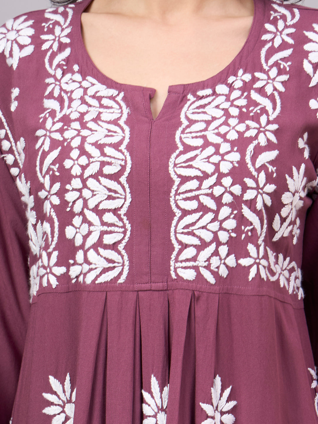 Premium Chikankari Set crafted from soft rayon fabric with intricate handcrafted embroidery, an elegant A-line silhouette, and coordinated palazzo for everyday ethnic fashion.