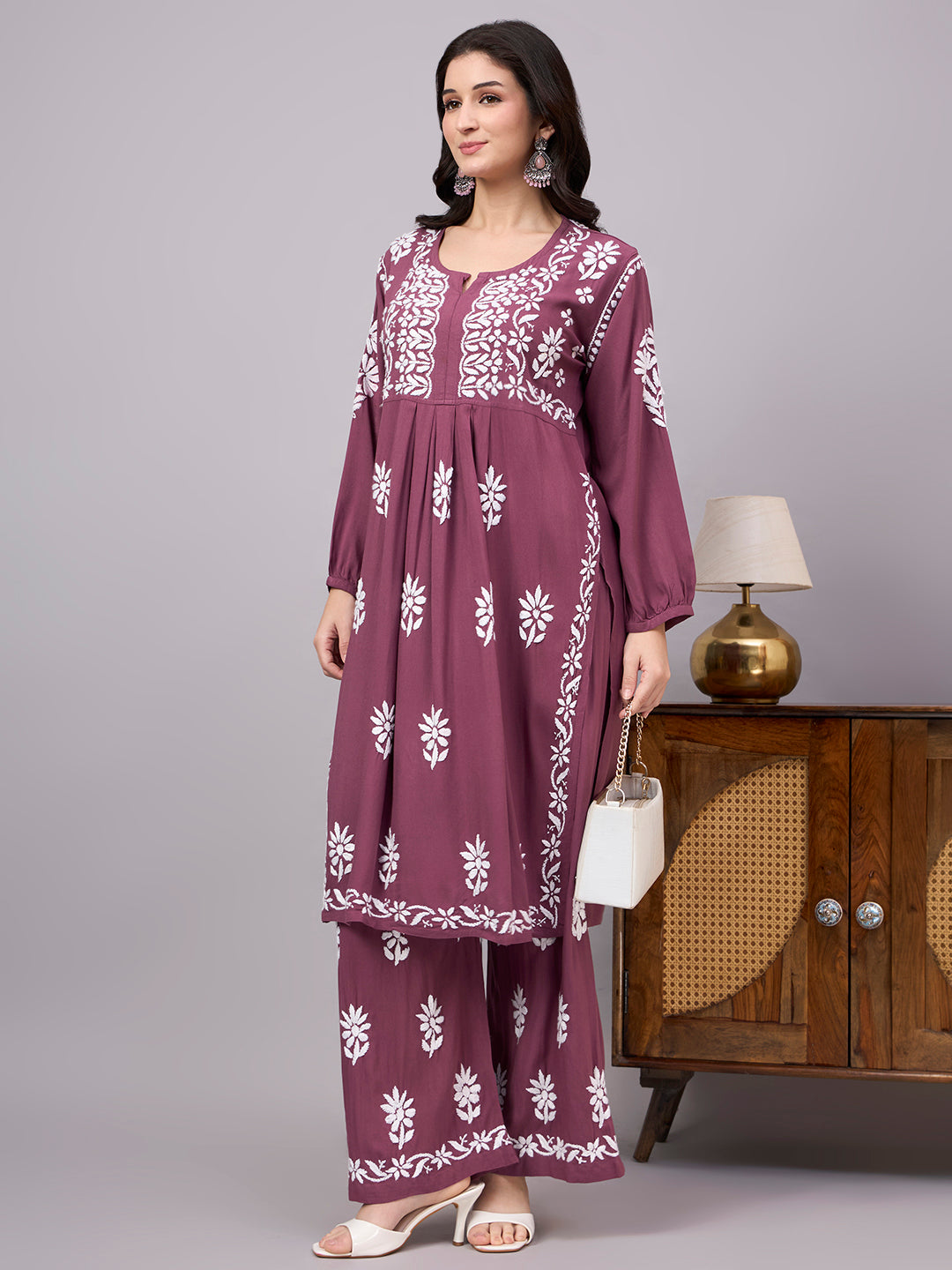 Authentic Rayon A-Line Kurta Set featuring handcrafted Lucknow Chikankari work, a flattering silhouette, and coordinated embroidered palazzo for versatile ethnic styling.