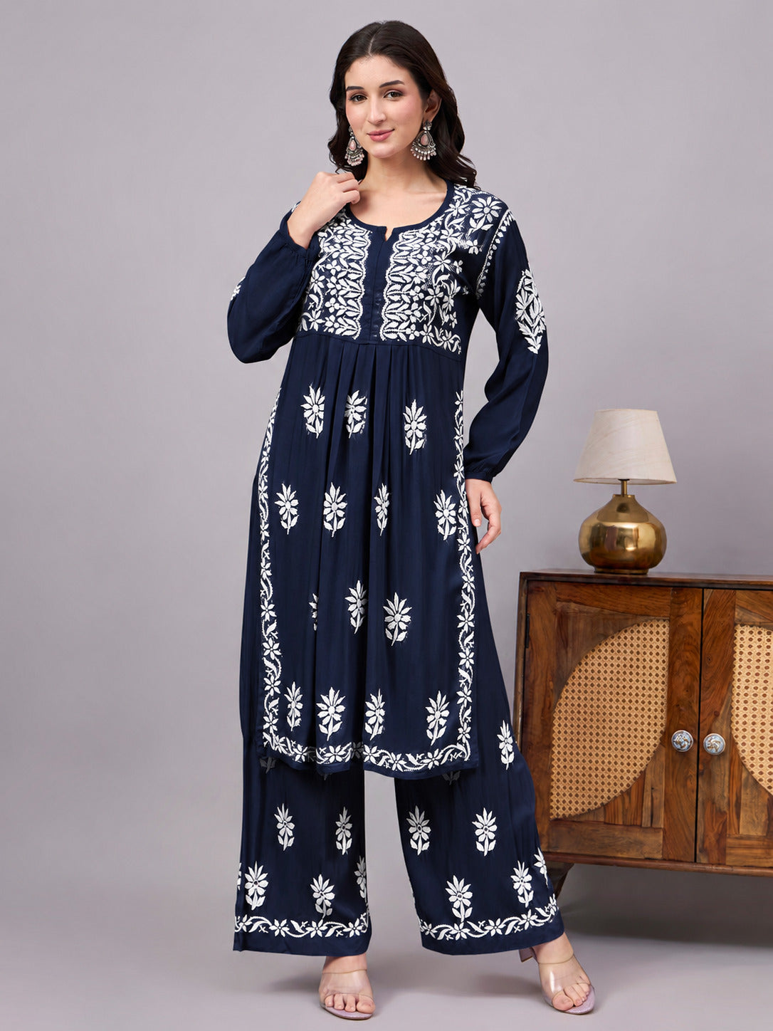 Authentic Rayon A-Line Kurta Set featuring handcrafted Lucknow Chikankari work, a flattering silhouette, and coordinated embroidered palazzo for versatile ethnic styling.