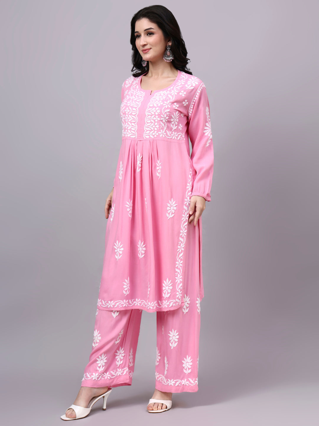 Premium ethnic Chikankari Set showcasing traditional Lucknow embroidery, breathable rayon fabric, coordinated embroidered palazzo, and graceful everyday styling.