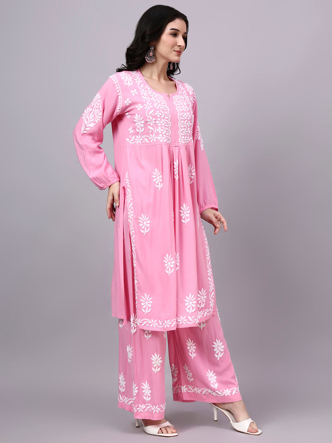 Women's Rayon A-Line Kurta Set with handcrafted artisan embroidery, classic ethnic detailing, and a matching palazzo designed for work, travel, and festive celebrations.
