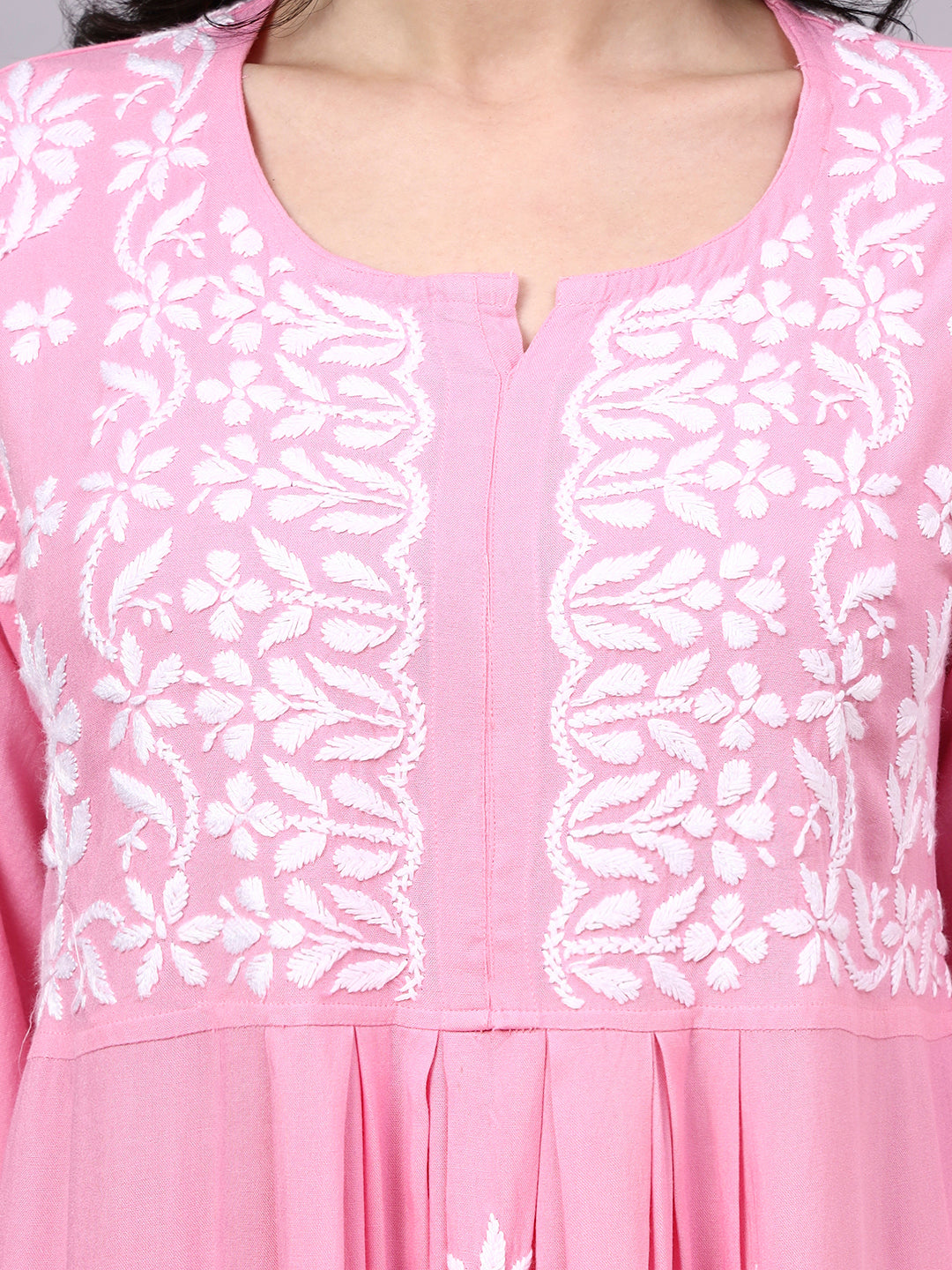 Elegant Rayon A-Line Kurta Set featuring handcrafted floral Chikankari embroidery, premium rayon fabric, and a comfortable regular fit suitable for every occasion.