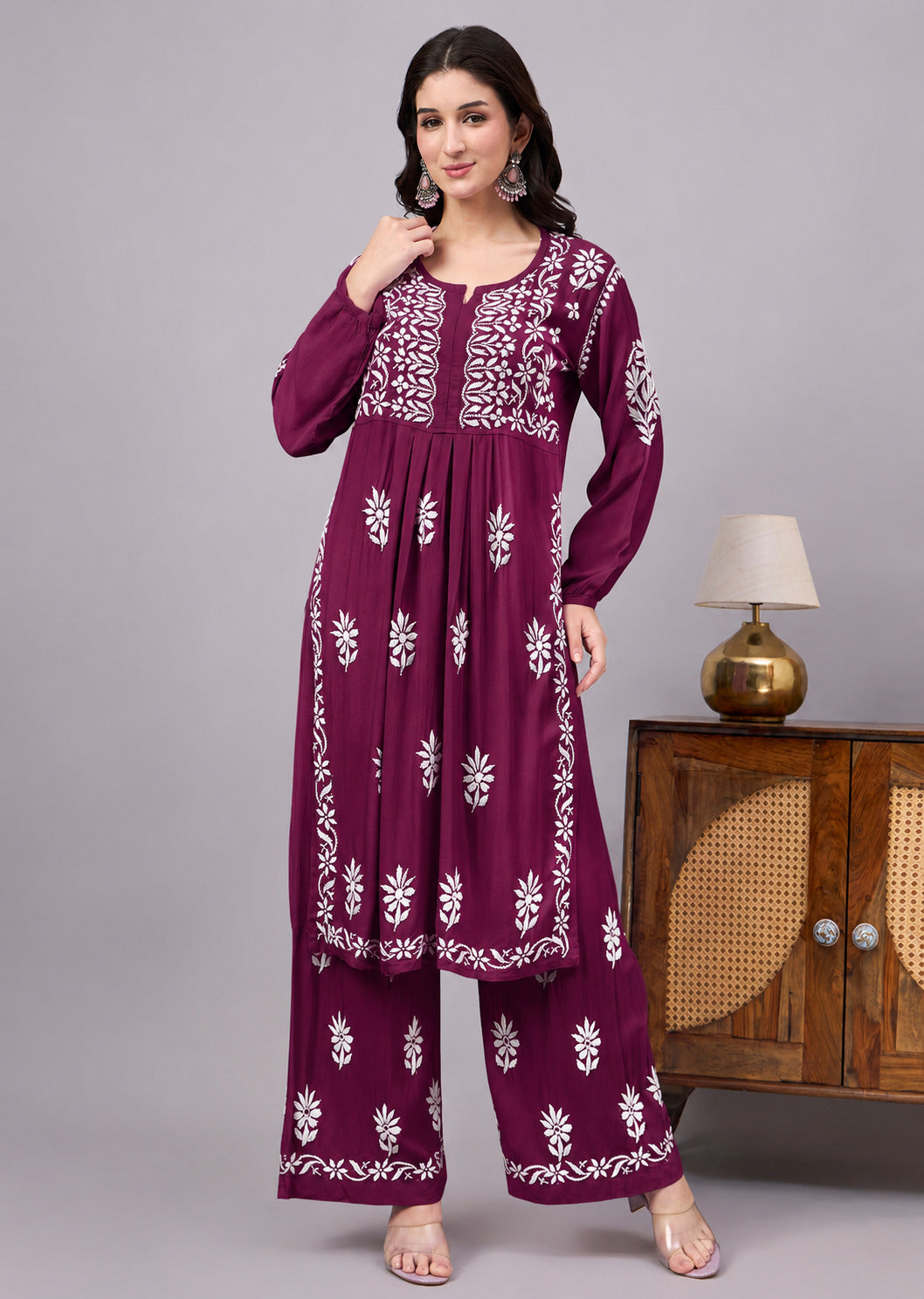 Women's Chikankari Set with artisan-crafted floral embroidery, matching embroidered palazzo, and premium rayon fabric for office wear, casual outings, and festive occasions.