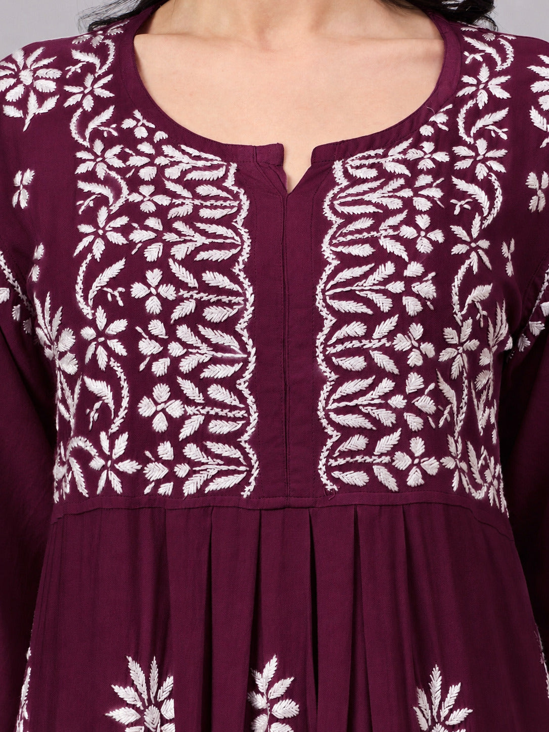 Authentic Rayon A-Line Kurta Set featuring handcrafted Lucknow Chikankari work, a flattering silhouette, and coordinated embroidered palazzo for versatile ethnic styling.
