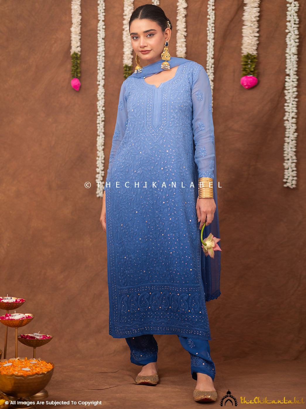 Miraya Chikankari Viscose Kurta Set with Dupatta - Blue