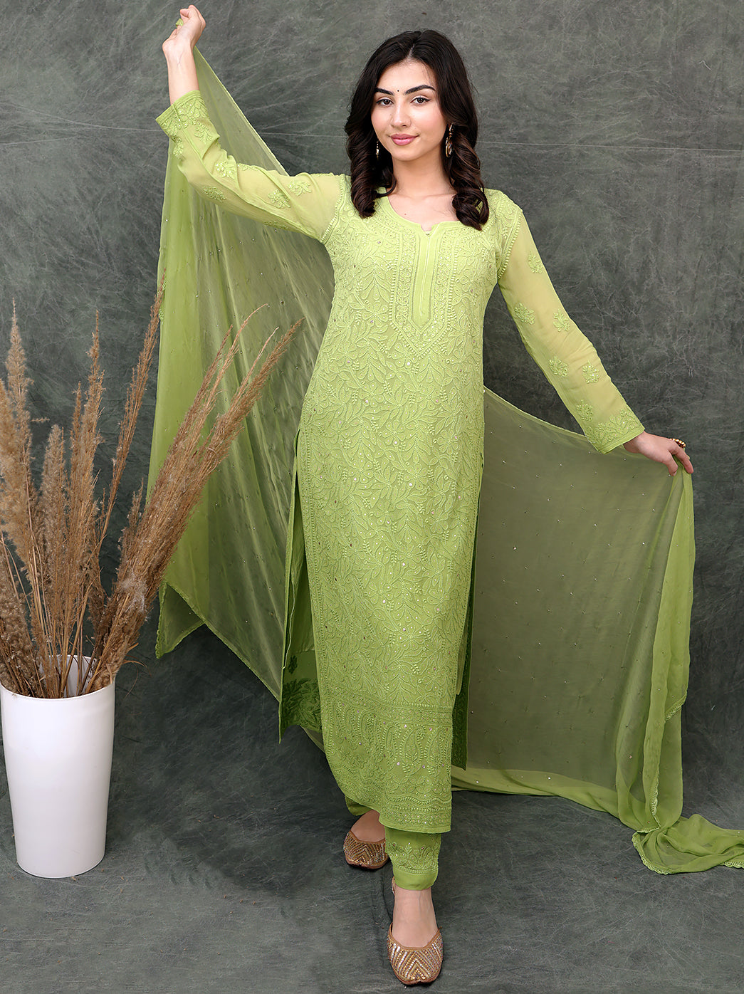 Miraya Chikankari Viscose Kurta Set with Dupatta - Green