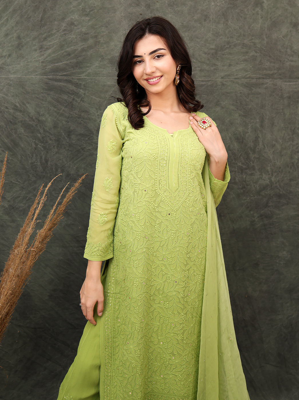 Miraya Chikankari Viscose Kurta Set with Dupatta - Green