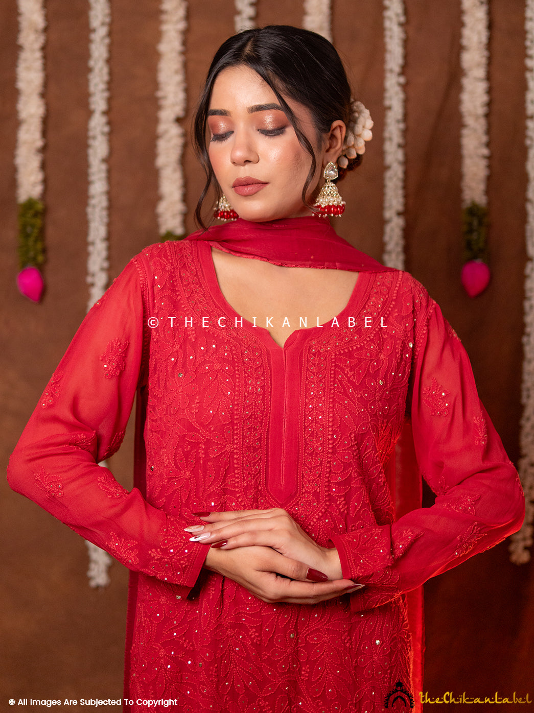Miraya Chikankari Viscose Kurta Set with Dupatta - Maroon