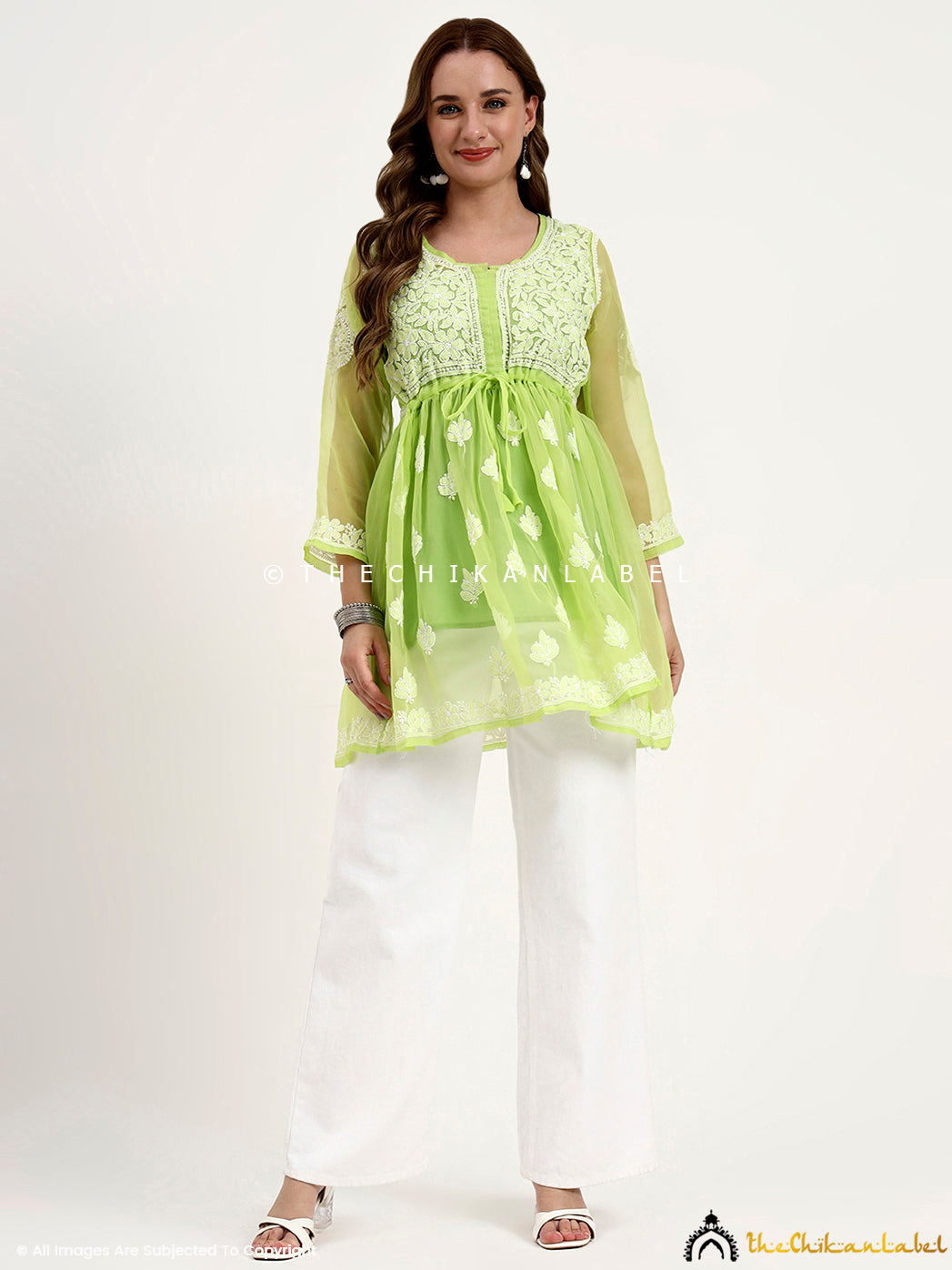 Pista Green Georgette Chikankari Tunic Top