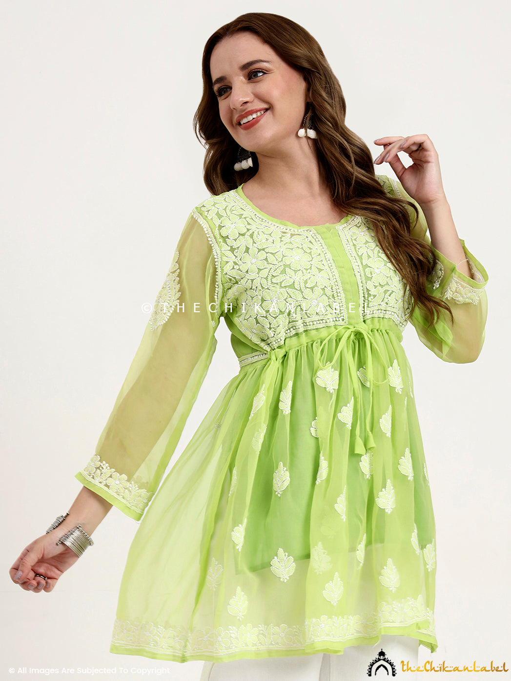 Pista Green Georgette Chikankari Tunic Top