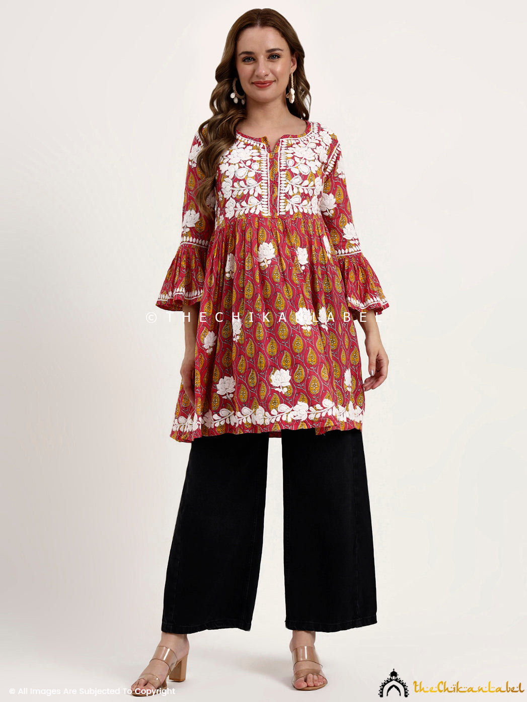 Pink Aamira Mulmul Printed Chikankari Peplum Top
