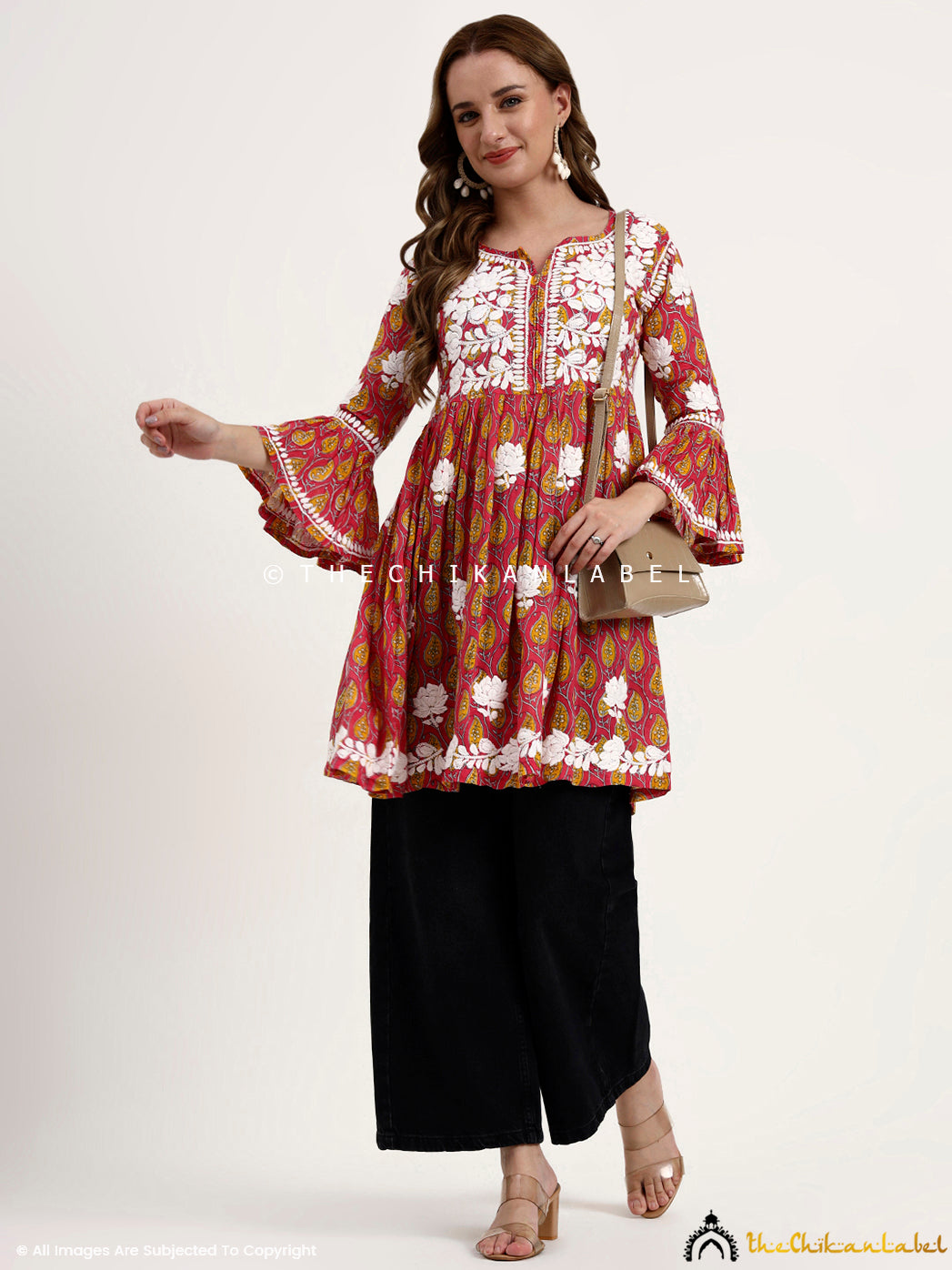 Pink Aamira Mulmul Printed Chikankari Peplum Top
