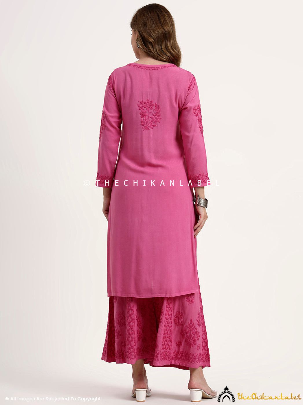 Nazakat Rayon Chikankari Kurti Set - Hot Pink