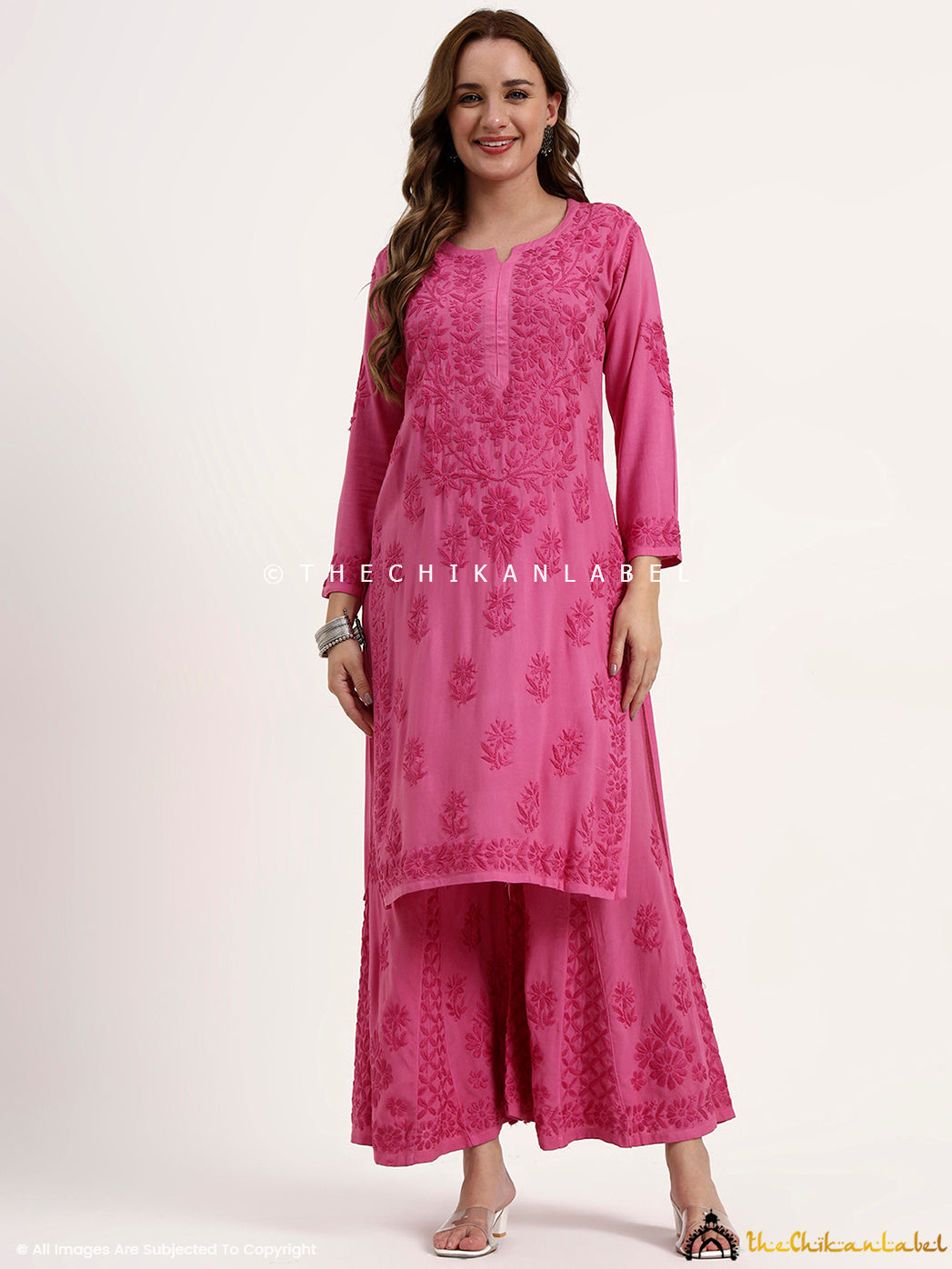 Nazakat Rayon Chikankari Kurti Set - Hot Pink