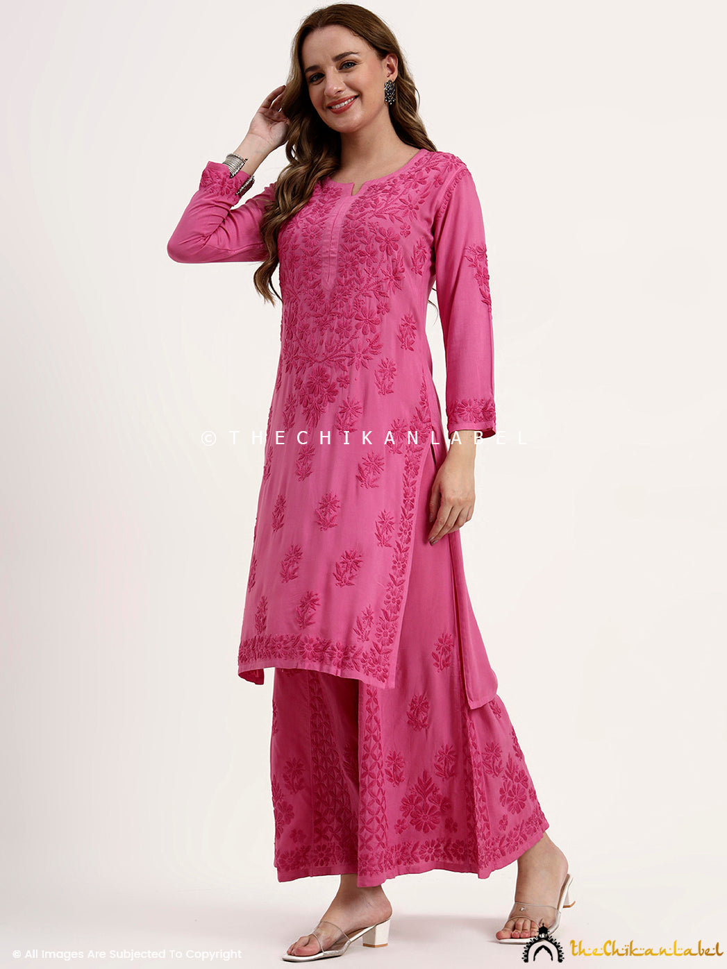 Nazakat Rayon Chikankari Kurti Set - Hot Pink