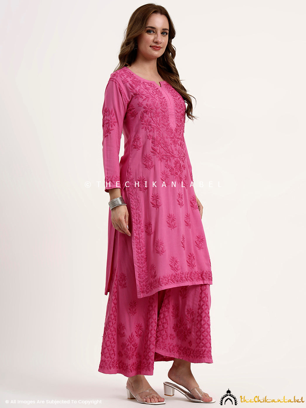 Nazakat Rayon Chikankari Kurti Set - Hot Pink