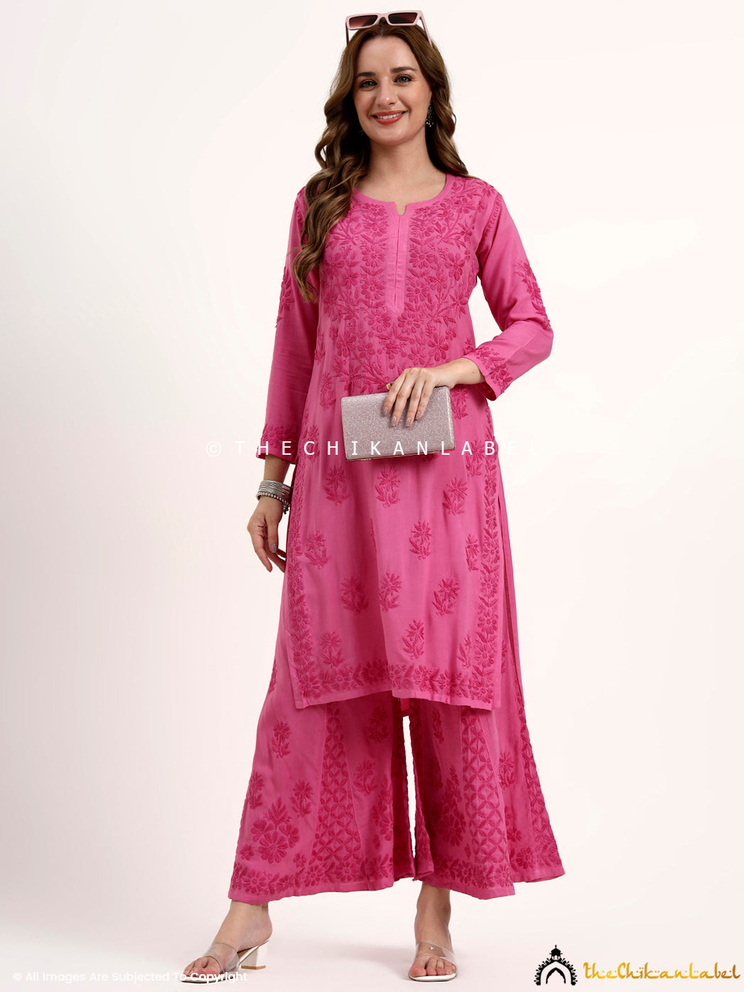 Nazakat Rayon Chikankari Kurti Set - Hot Pink