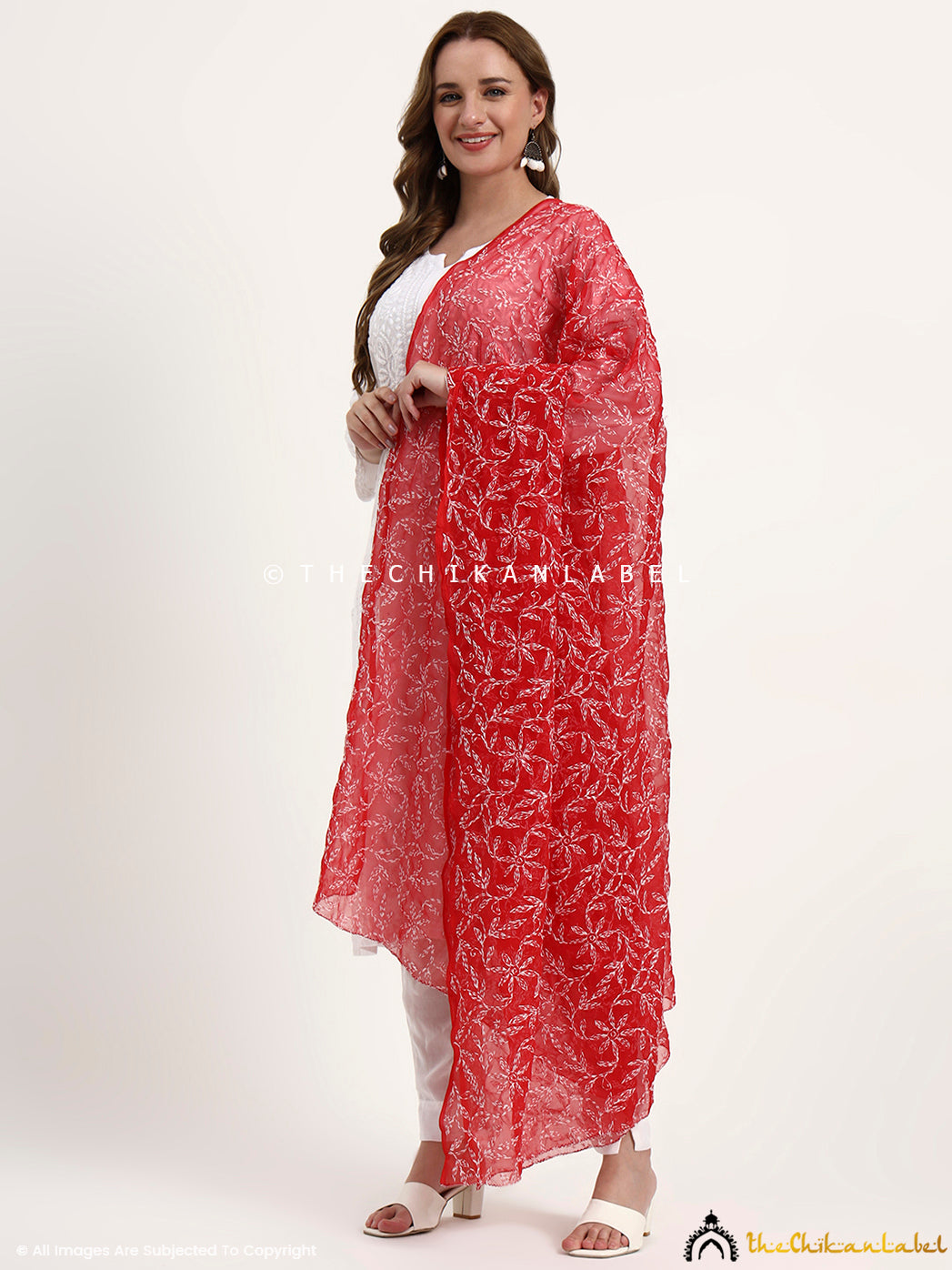 Red Tepchi Georgette Chikankari Dupatta Lucknawi Chikan