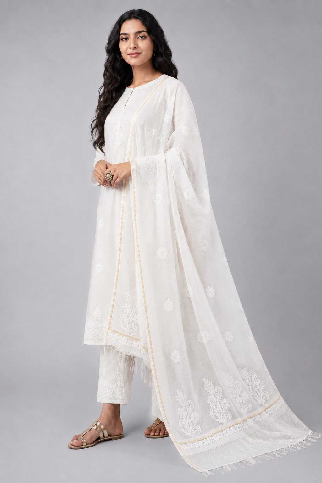 White Mul Chanderi Chikankari Dupatta