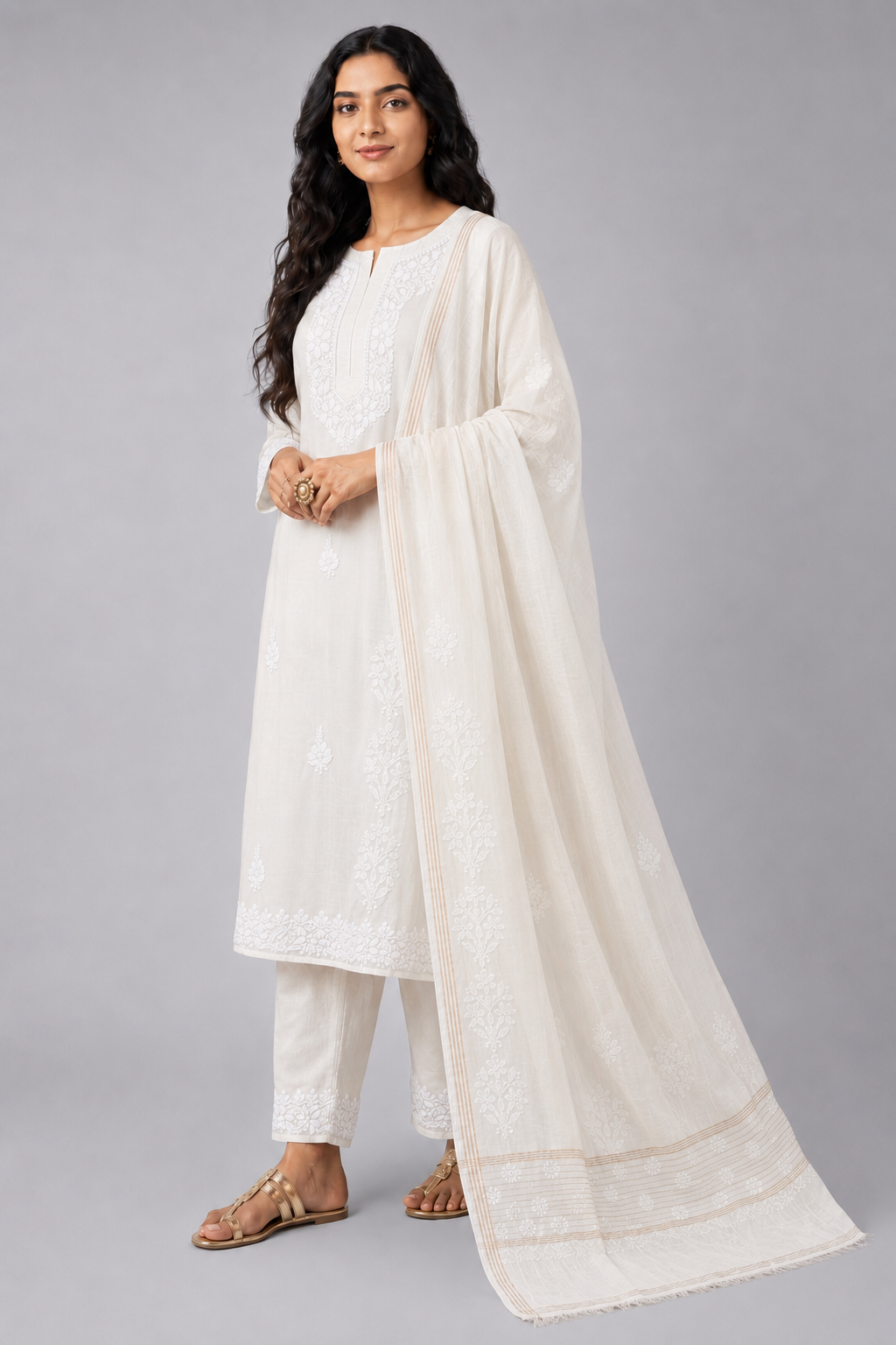 White Mul Chanderi Chikankari Dupatta