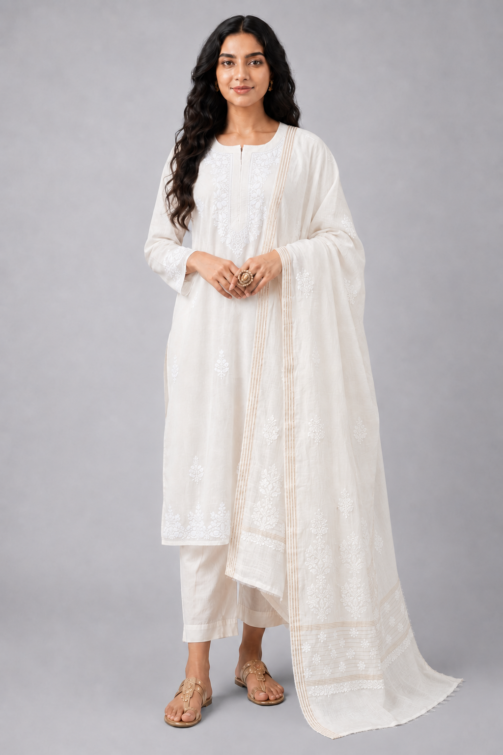 White Mul Chanderi Chikankari Dupatta