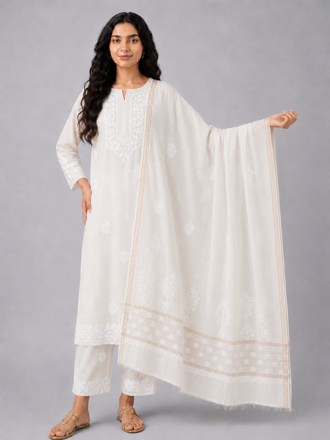 White Mul Chanderi Chikankari Dupatta