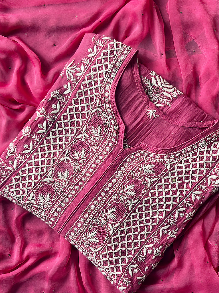 Luxe chikankari dress in premium mulmul chanderi fabric with intricate hand embroidery, kurti pant set with dupatta.
