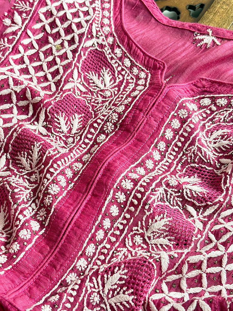 Authentic Lucknowi chikankari kurti pant set with dupatta crafted in mulmul chanderi fabric for festive and wedding wear.