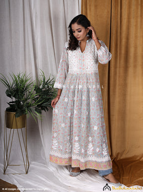 Sea Green Mulmul Cotton Printed Chikankari Anarkali