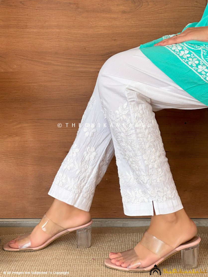 White Mayuri Lycra Straight Chikankari Pants Handmade Cigaratte Pants for  Women | eBay