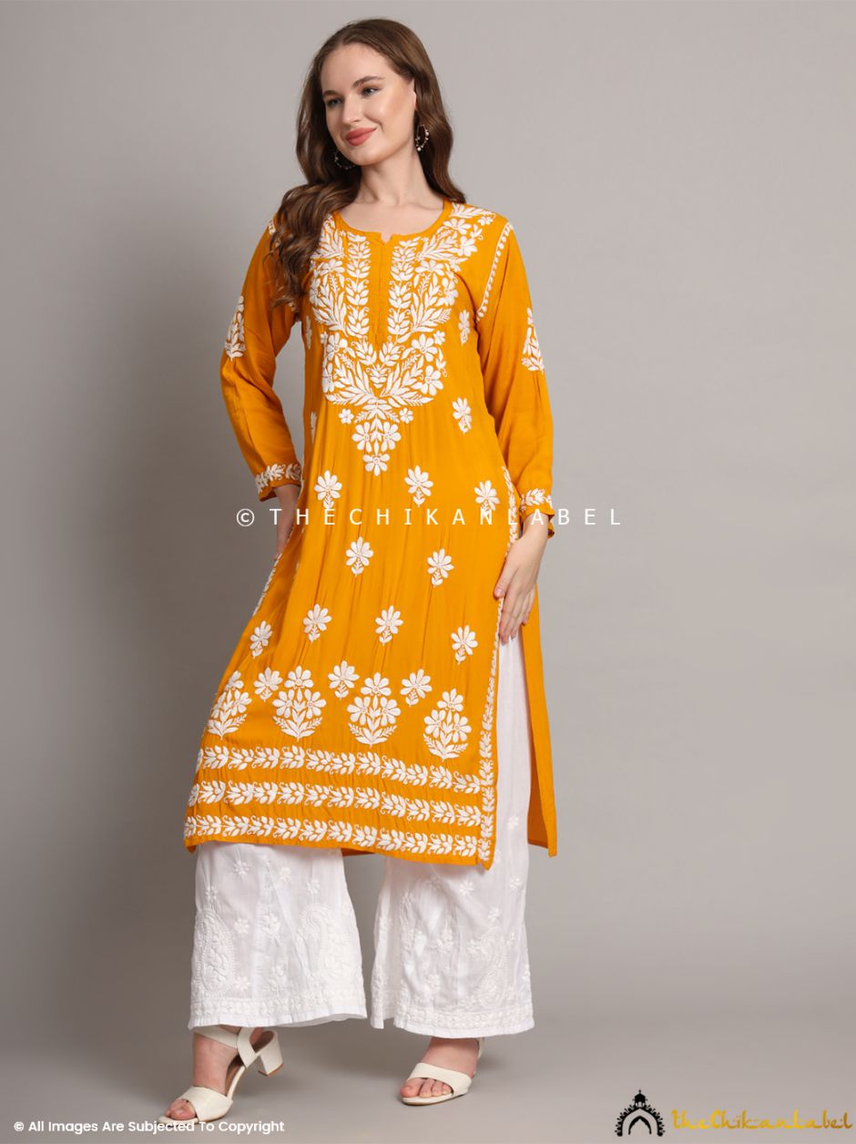 Mustard Aditi Modal Chikankari Straight Kurti