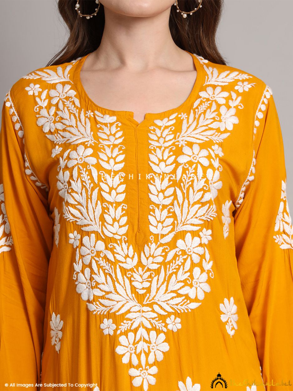 Mustard Aditi Modal Chikankari Straight Kurti