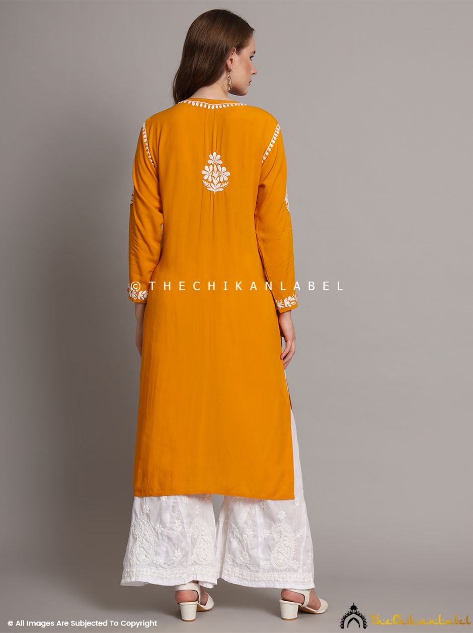 Mustard Aditi Modal Chikankari Straight Kurti