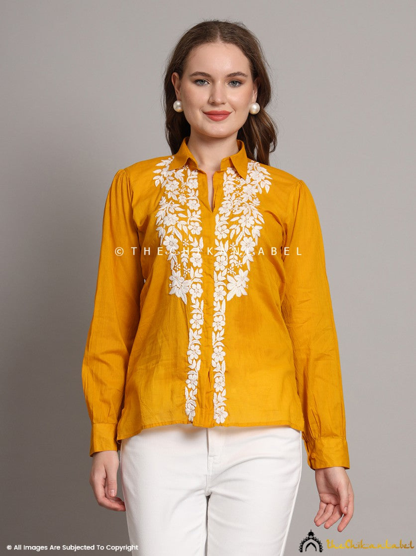 Mustard Yellow Drisha Mulmul Cotton Chikankari Shirt