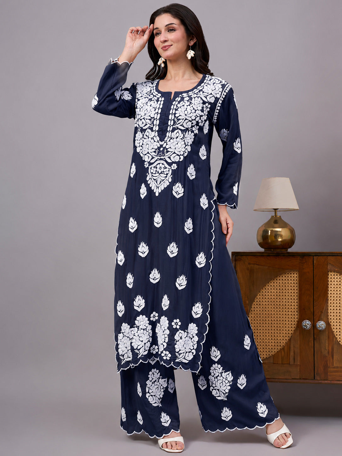 Najat Modal Chikankari Kurti Palazzo Set - Navy Blue
