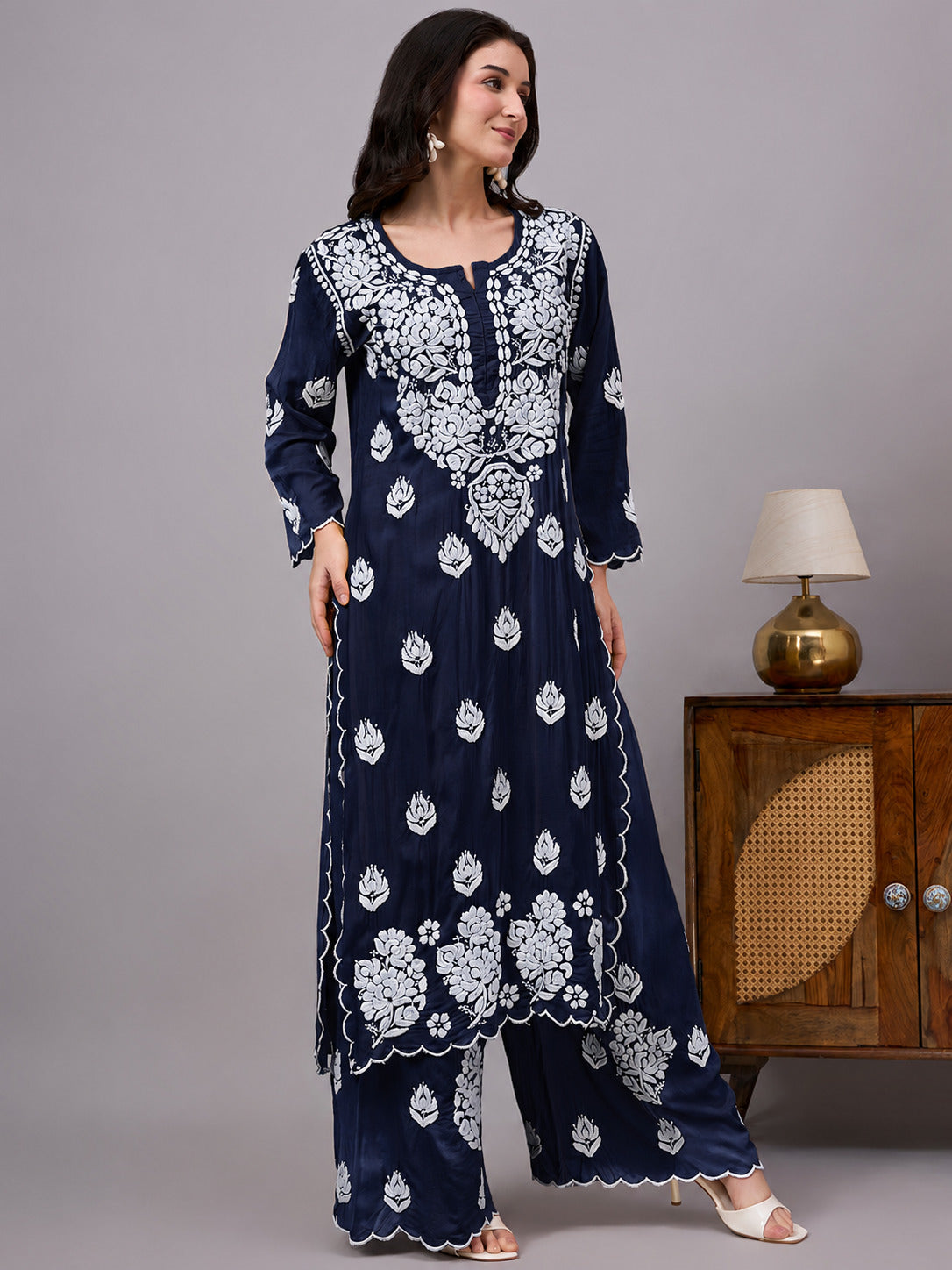Najat Modal Chikankari Kurti Palazzo Set - Navy Blue
