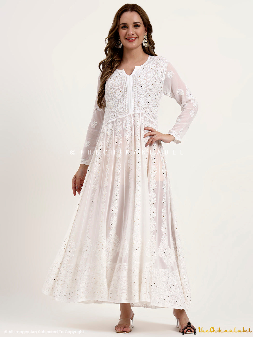 Naazni Viscose Chikankari Anarkali - White