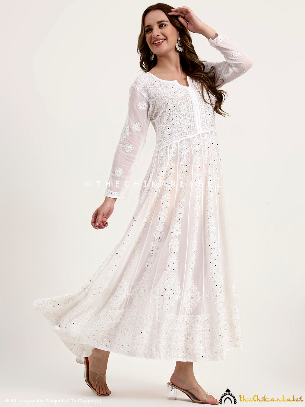 Naazni Viscose Chikankari Anarkali - White