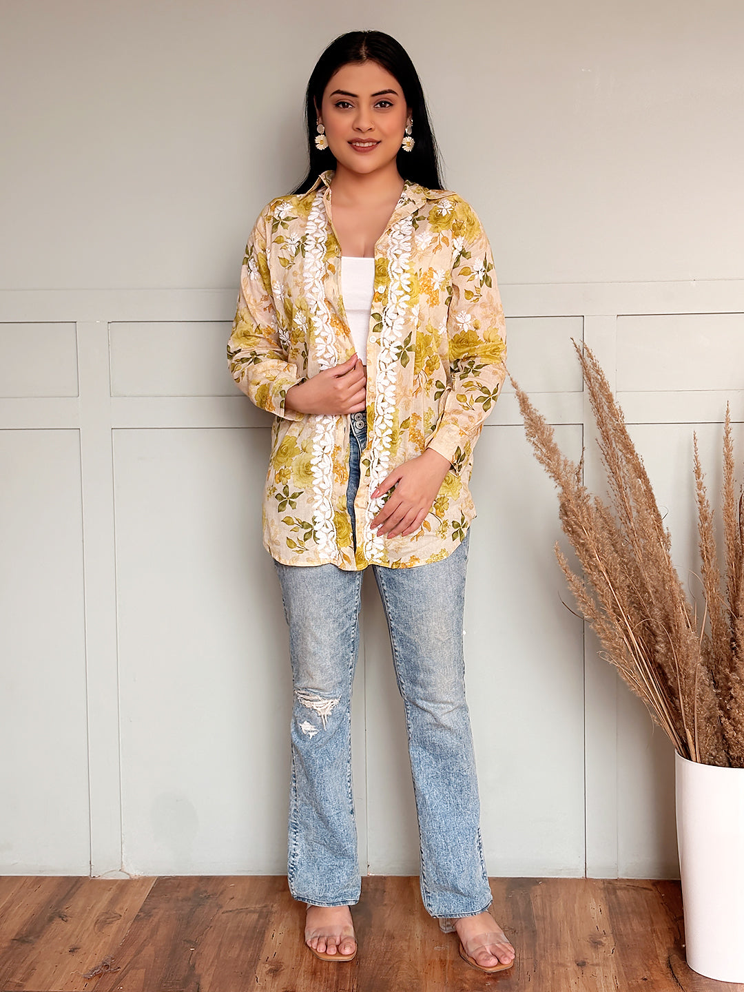 Nadira Mulmul Cotton Chikankari Shirt - Green