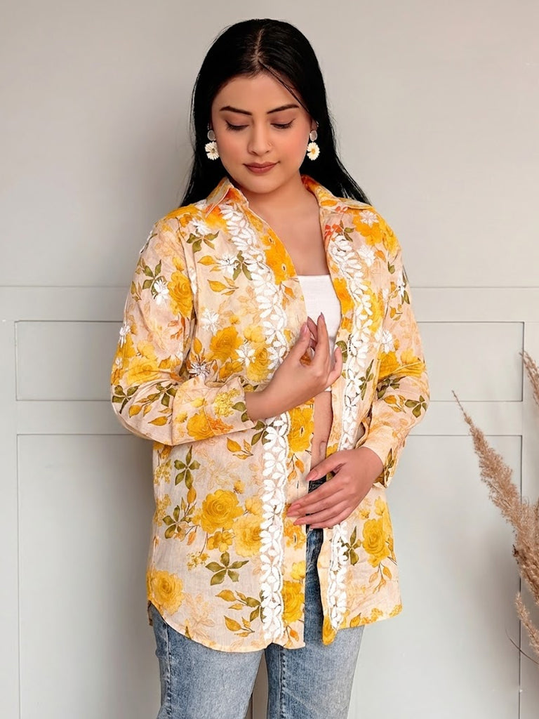 Nadira Mulmul Cotton Chikankari Shirt - Yellow