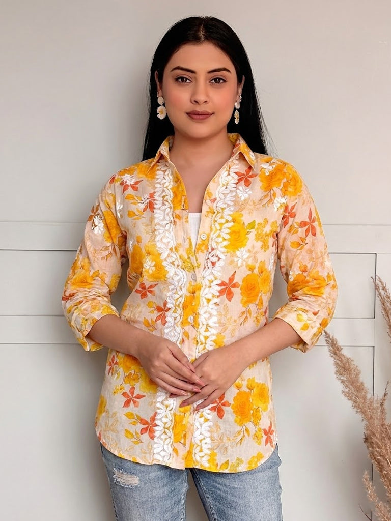 Nadira Mulmul Cotton Chikankari Shirt - Yellow